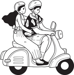 Hand Drawn couple riding a scooter illustration in doodle style