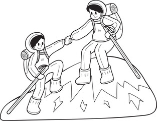 Hand Drawn Tourist couple hiking illustration in doodle style