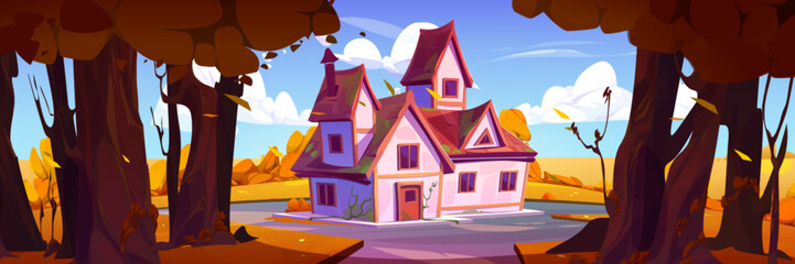 Autumn landscape with forest and village house. Nature scene with countryside cottage, garden with trees and bushes with orange foliage in fall, vector cartoon illustration