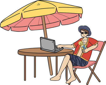 Hand Drawn Freelancer working on laptop at sea illustration in doodle style