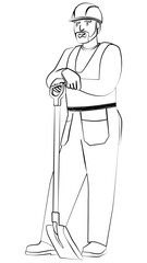 Outline of man in work clothes and hard hat stands leaning on shovel, isolated on white. Design element.