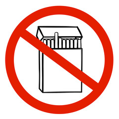 Red no smoking sign with crossed out pack of cigarettes isolated on white background. Icon or design element.