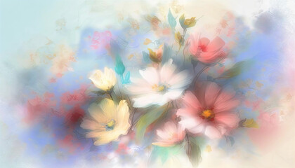 Obraz na płótnie Canvas pastel light background with flowers for spring greeting card. Generative AI