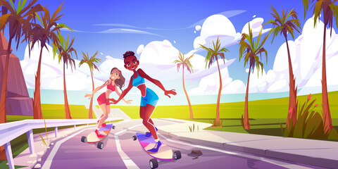 Obraz na płótnie Canvas Young sexy woman on skateboard riding along the palm road. Cartoon tropical summer vector landscape background for design travel illustration. Female together enjoying speed skateboarding.