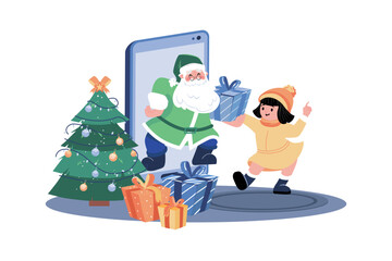 Santa claus gives chirstmas gift for kids by online mobile