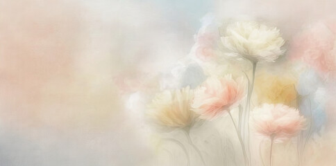 Fototapeta premium pastel light background with flowers for a spring greeting card with a copy space for text. Generative AI