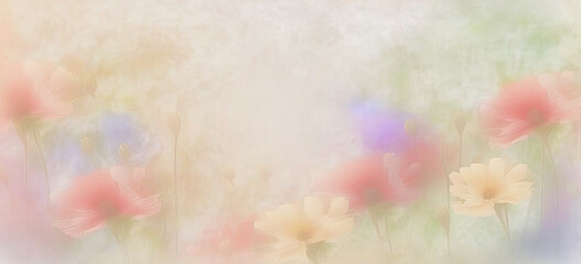 pastel light background with flowers for a spring greeting card with a copy space for text. Generative AI