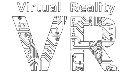 Black contours of letters VR abbreviation for Virtual Reality perforated with PCB circuit board tracks isolated on white background.