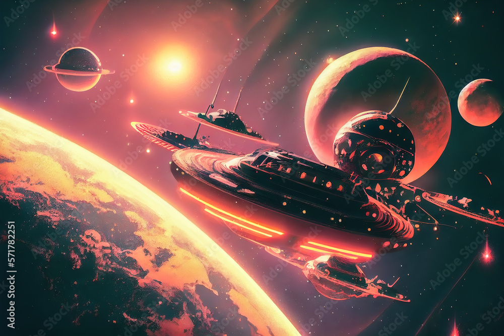 Poster futuristic planet background and spaceships 3d illustration. generative ai