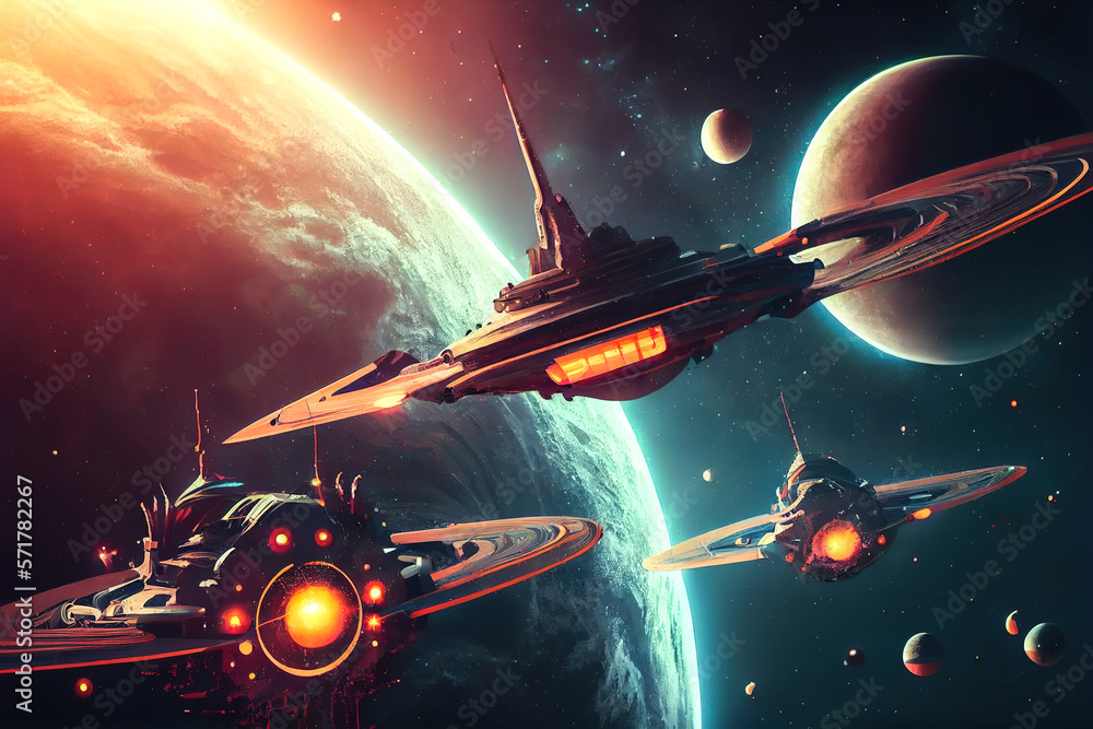Poster futuristic planet background and spaceships 3d illustration. generative ai