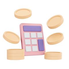 3d rendering of coins and calculator concept of money calculation and tax. 3d illustration cartoon style.