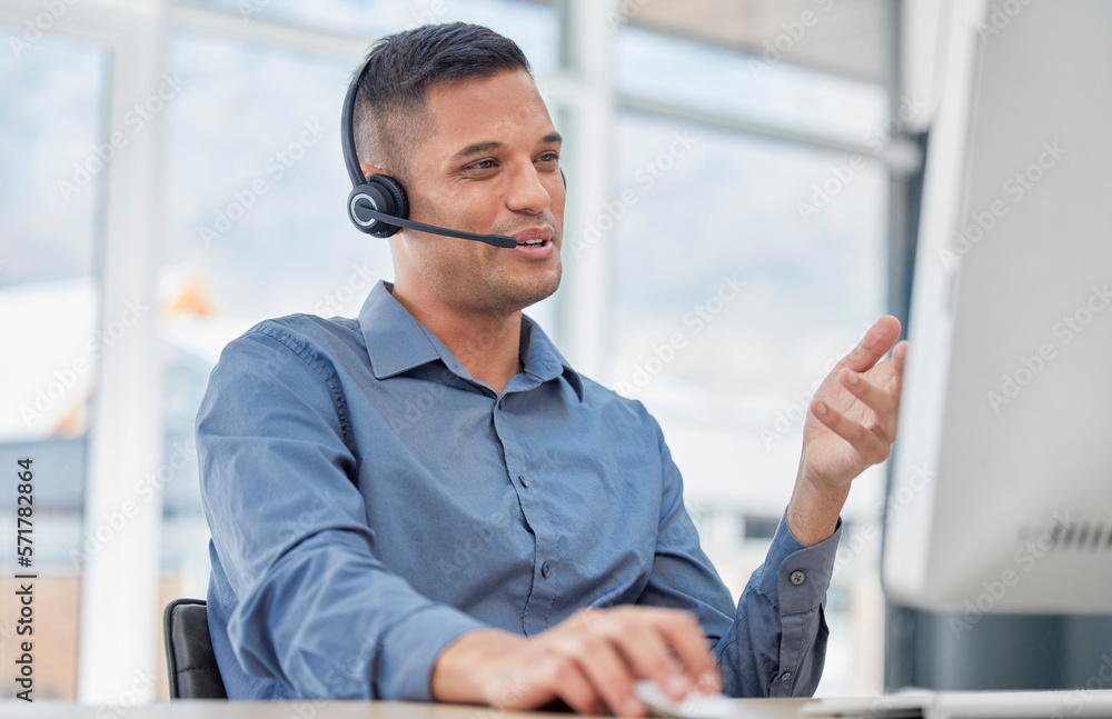 Poster Customer support, call center and male telemarketing consultant doing a consultation online. Contact us, communication and man customer service agent with a headset working on crm strategy in office.