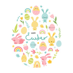 Cute Easter set with bunny, eggs, rainbow, flowers