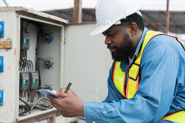 Male electrician engineer maintenance electric system at construction site work. African American...