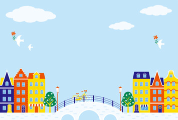 vector background with city landscape with a bridge and colorful houses for banners, cards, flyers, social media wallpapers, etc.