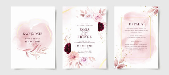 Set of watercolor wedding invitation card template with pink and burgundy floral and leaves decoration