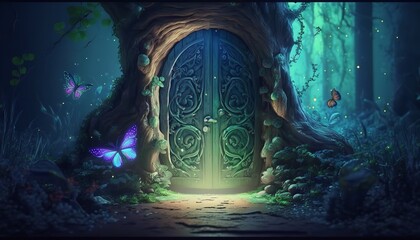 Fantasy enchanted fairy tale forest with magical opening secret doors and stairs leading to mystical shine light outside the gate, mushrooms, and flying fairytale magic butterflies in woods.