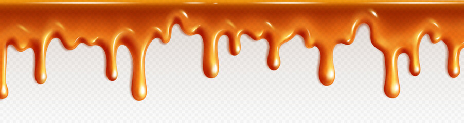 Obraz na płótnie Canvas Realistic isolated caramel dripping cream. Vector melt candy syrup pattern. Liquid toffee flow illustration on transparent background. Fluid sticky maple frame border decoration.