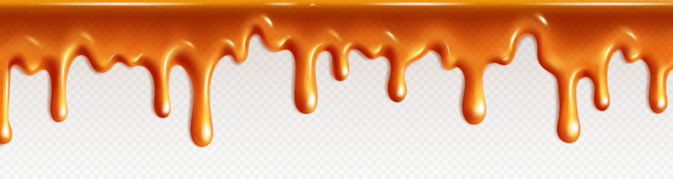 Realistic isolated caramel dripping cream. Vector melt candy syrup pattern. Liquid toffee flow illustration on transparent background. Fluid sticky maple frame border decoration.