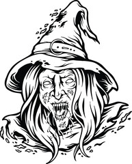 Creepy witch monster face monochrome vector illustrations for your work logo, merchandise t-shirt, stickers and label designs, poster, greeting cards advertising business company or brands