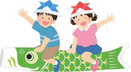 鯉のぼりに乗った子供たち_こどもの日イメージ素材_ベクターイラスト