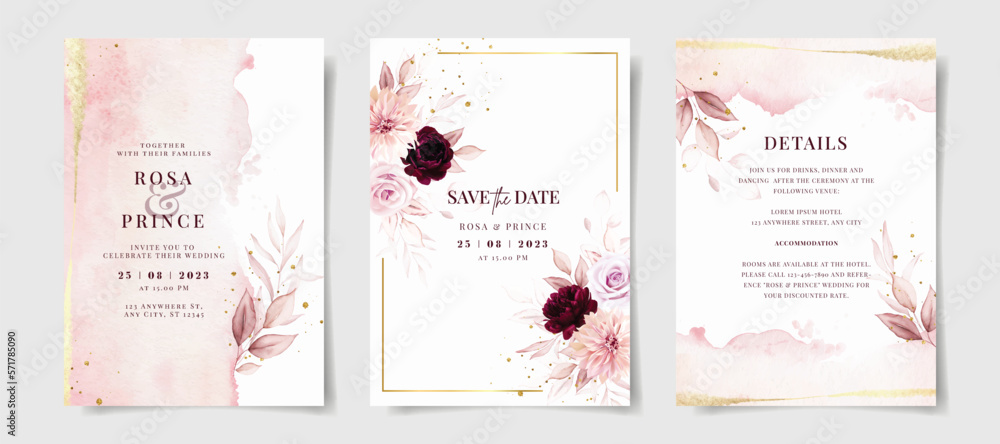 Wall mural set of watercolor wedding invitation card template with pink and burgundy floral and leaves decorati