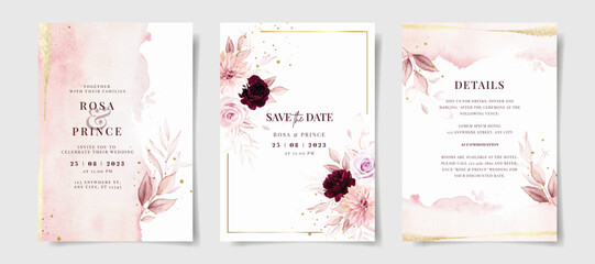 Set of watercolor wedding invitation card template with pink and burgundy floral and leaves decoration