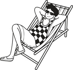 Hand Drawn Male tourists sunbathing on sunbeds illustration in doodle style