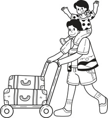 Hand Drawn Male tourist holding baby with travel bag illustration in doodle style