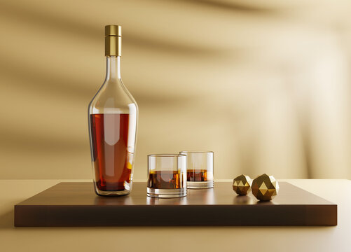 Alcohol Rum or Whiskey Bottle and Glasses on a Wooden Block - 3d Illustration Render