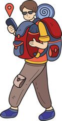 Hand Drawn Male tourist looking at map on smartphone illustration in doodle style