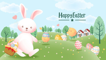 Easter greeting card with hare, easter eggs and chicks