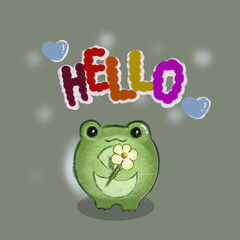 A frog holding a flower, and the word hello above a frog frog cutie, frog, tiny, green, digital, art picture