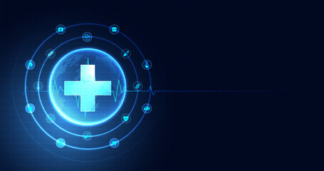 Healthcare medical science healthcare icon digital technology world concept modern business innovation, treatment, medicine. abstract about hi tech future blue background and medical research. vector.