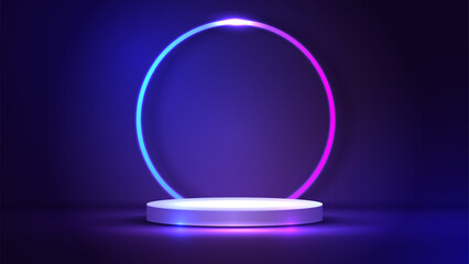 Podium or stand with line gradient neon in Sci-fi. abstract scene with pink and blue neon frame. vector rendering product display. futuristic minimal scene. vector design.