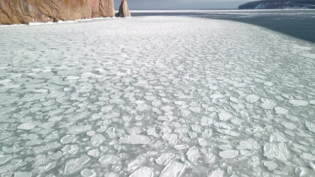 ice cover on the ocean in Perce, quebec during winter.