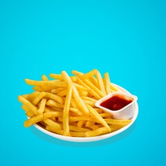 Tasty fresh french fries with ketchup. Delicious meal