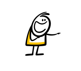 Funny cartoon stickman points with finger to the right and laughing.