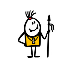 Doodle Indian from the tribe with a funny hairstyle stands and holds a spear.