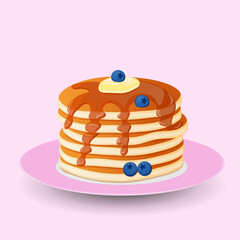 Pancakes with blueberry syrup on a pink plate on a pink background.