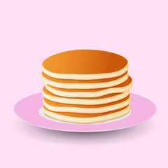Pancakes without syrup on a pink plate on a light pink background.