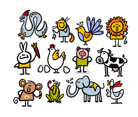 Naklejka premium Big bundle set of cartoon cute wild animals and pets.