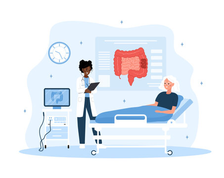 Colonoscopy concept. African female proctologist examine intestine. Elderly woman is being examined in hospital. Vector illustration in flat cartoon style. Colon health. Prevention of cancer.
