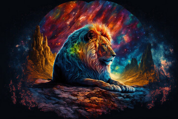 Colorful Lion and Abstract Gradient Background: A Bright and Vivid Display Generated by AI