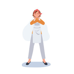 Professional Cleaner. people Character of Lady working as housekeeper doing 'NO' , stop ,prohibited hand sign. Flat vector illustration