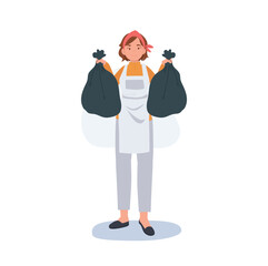 Professional Cleaner. people Character of Lady working as housekeeper is holding trash bags in both hands. Flat vector illustration