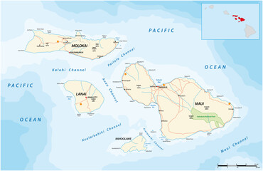 Road map of the Hawaiian Islands of Maui, Molokai, Lanai and Kahoolawe