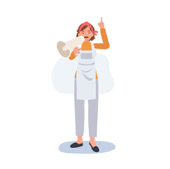 Professional Cleaner. people Character of Lady working as housekeeper is holding megaphone, announcement. Flat vector illustration