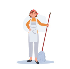 Professional Cleaner. Lady working as housekeeper with a mop. Flat vector illustration