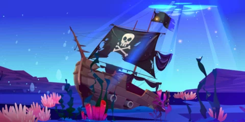Underwater game scene with pirate ship crash and beam light. Vector wreck boat with black torn flag on seabed. Abandoned sunken vessel, sail with jolly roger, near rock, coral and seaweed to discover.